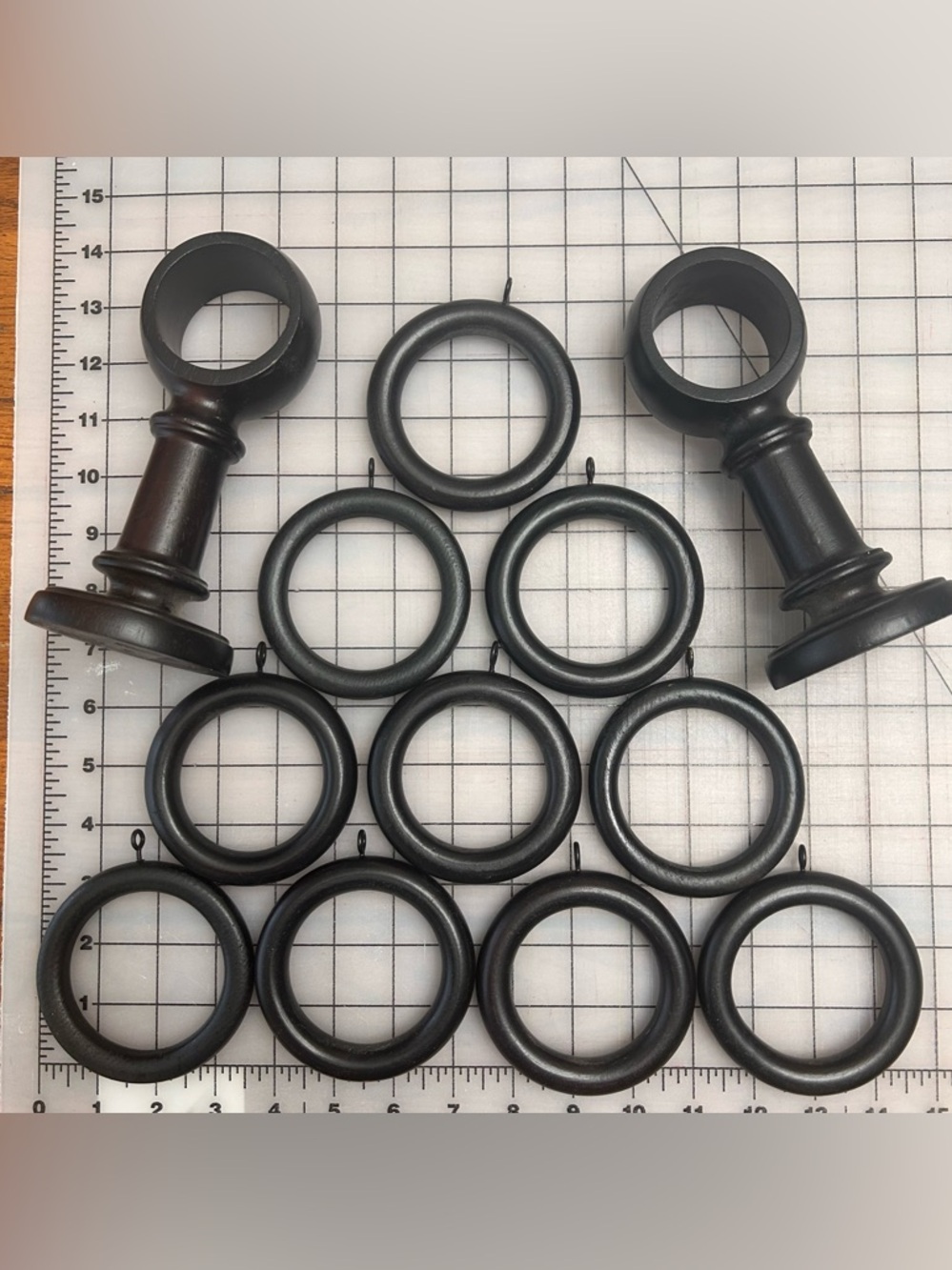 2 Curtain Wooden Brackets And 10 Black 3” Wooden Curtain rings